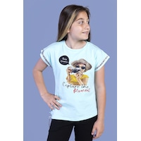 Toontoy Kids Toontoy Kız Çocuk Şerit Detaylı Baskılı Tişört Su Yeşili