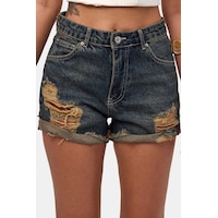 it's basic Kadın Koyu Kot 10s6 Mini Yırtık Detaylı Denim Şort it's basic Kadın Koyu Kot 10s6 Mini Yırtık Detaylı Denim Şort