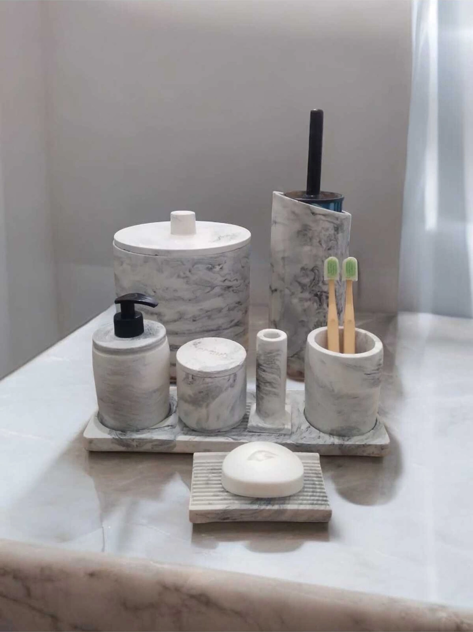 Mermer Desenli Tam Beton Banyo Seti Tuvalet Wc Sıvı Sabunluk Diş Fırçalığı Aksesuar Takım Gri