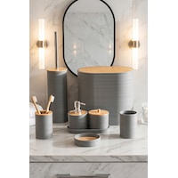 Porsima 4532 8 Parça Banyo Seti - Bambu Kapaklı Çöp Kovası, Sabunluk, Diş Fırçalığı Ve Wc Fırçası Gri Grı