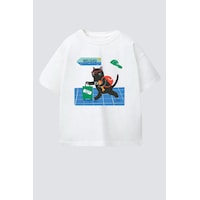Monila Unisex Çocuk Pamuklu Kedi Baskılı T-shirt Ekru Monila Unisex Çocuk Pamuklu Kedi Baskılı T-shirt Ekru