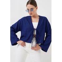 Bigdart Önü Bağlamalı Keten Kimono 960 - Saks Bigdart Önü Bağlamalı Keten Kimono 960 - Saks