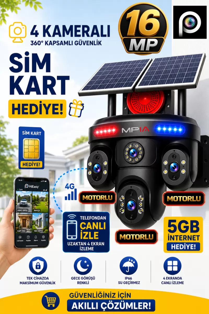 Mpıa Renora 4g16mp 4 Kameralı 3 Motorlu +1 Sabit Sirenli Çift Solar Panel Güvenlik Kamerası Hieasy