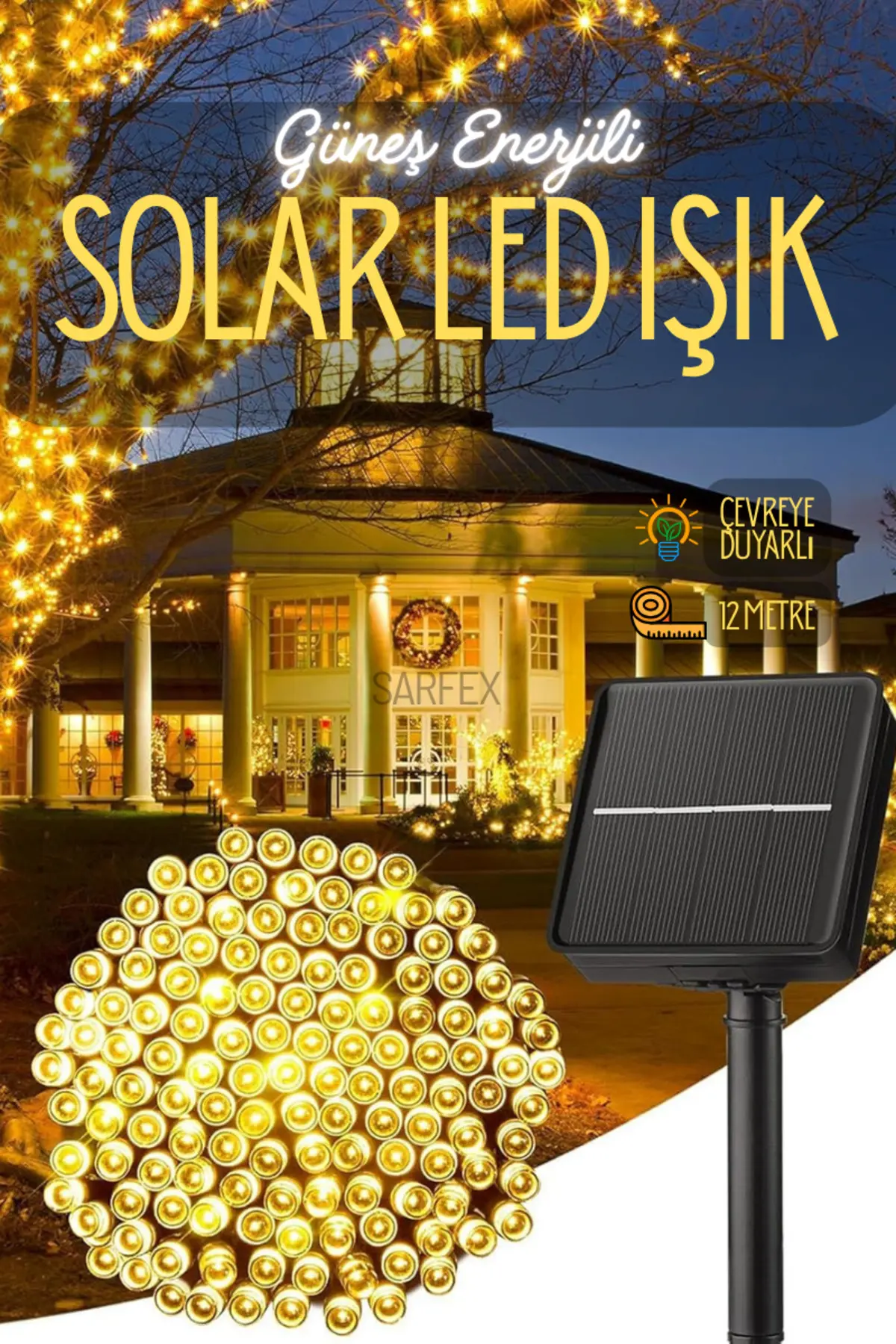 Solar 100 Ledli 12 Metre Bahçe Aydınlatma Dekorasyon Güneş Enerjili Led Işık Gün Işığı Solar 100 Ledli 12 Metre Bahçe Aydınlatma Dekorasyon Güneş Enerjili Led Işık Gün Işığı