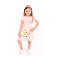 Toontoy Kız Çocuk Göğsü Ve Etek Kısmı Daisy Yazılı Arı Baskılı Elbise Pudra