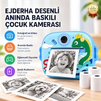 BLUE-1 Çocuklar İçin Anında Baskılı Dijital Fotoğraf Makinesi ,ejderha Desenli, Ekranlı, Mavi-1799 BLUE-1 Çocuklar İçin Anında Baskılı Dijital Fotoğraf Makinesi ,ejderha Desenli, Ekranlı, Mavi-1799