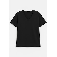 Markapia Kadın V Yaka Kısa Kollu Düz T-shirt Siyah Markapia Kadın V Yaka Kısa Kollu Düz T-shirt Siyah