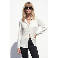Sateen Gizli Patlı Gömlek - Ekru-137597 Sateen Gizli Patlı Gömlek - Ekru-137597