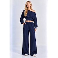 Mevese Kayık Yaka Korseli Crop Bluz - Cep Detaylı Palazzo Modal Takım - Lacivert Mevese Kayık Yaka Korseli Crop Bluz - Cep Detaylı Palazzo Modal Takım - Lacivert