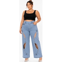 Zanessi Büyük Beden Denim Taşlı Yüksek Bel Pencere Detaylı Bol Paça Kadın Pantolon Mavi Zanessi Büyük Beden Denim Taşlı Yüksek Bel Pencere Detaylı Bol Paça Kadın Pantolon Mavi