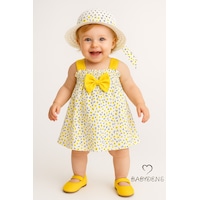 Babyden's Kız Bebek Çiçek Desenli Fiyonklu Yazlık Elbise Şapkalı Takım Pamuklu Sarı Çiçekli Bebek Kombini Sarı