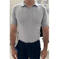 Erkek Çizgili Kısa Kollu Triko T-shirt Gri Erkek Çizgili Kısa Kollu Triko T-shirt Gri