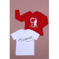 Fyk Kids 2'li Atatürk-imza Farklı Desenli Erkek-kız Çocuk T-shirt Beyaz - Kırmızı Fyk Kids 2'li Atatürk-imza Farklı Desenli Erkek-kız Çocuk T-shirt Beyaz - Kırmızı