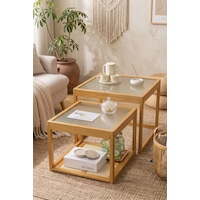 Robin Home Modern Doğal Bambu 2'li Kare Orta Sehpa Seti Temperli Camlı Ve Yapay Rattan Alt Raflı Zigon Bej Robin Home Modern Doğal Bambu 2'li Kare Orta Sehpa Seti Temperli Camlı Ve Yapay Rattan Alt Raflı Zigon Bej
