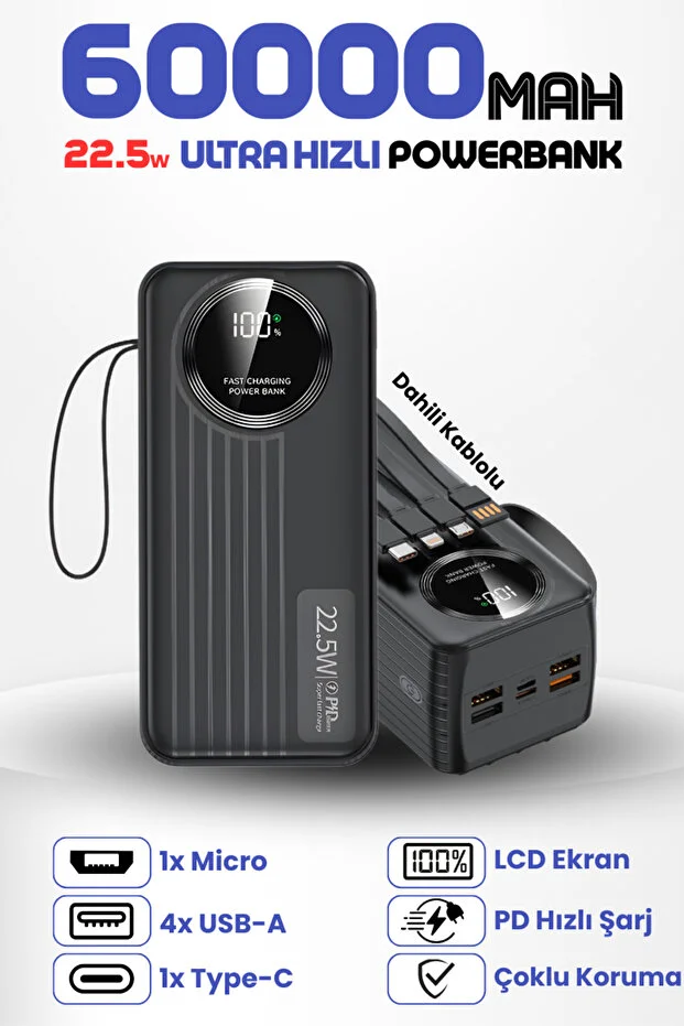 60.000mah Forefo 22.5w Hızlı Şarj Destekli Dahili Kablolu Taşınabilir Batarya Powerbank Siyah 60.000mah Forefo 22.5w Hızlı Şarj Destekli Dahili Kablolu Taşınabilir Batarya Powerbank Siyah