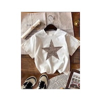 Medinenur Leopar Desenli Yıldız Detaylı Basic T-shirt Beyaz Medinenur Leopar Desenli Yıldız Detaylı Basic T-shirt Beyaz