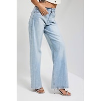 it's basic Kadın Kot Rengi T-4s6-3 Loose Fit Ön Arka Parlak Taşlı Tasarım Denim Jean
