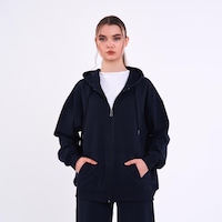 MMetalic Lacivert Kanguru Cepli Kapüşonlu Fermuarlı Oversize Kadın Sweatshirt Lacivert MMetalic Lacivert Kanguru Cepli Kapüşonlu Fermuarlı Oversize Kadın Sweatshirt Lacivert
