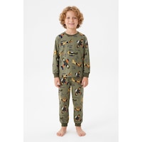 Bunny Hopp Vintage Uçak Desenli %100 Pamuk Süprem Penye Kumaş Uzun Kollu Erkek Çocuk Pijama Takımı Yeşil