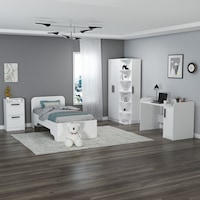 Luses Genç Odası Takımı, Çalışma Masası, Gardırop, Komodin, Karyola - 4'lü Takım Beyaz Beyaz