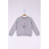 Toontoy Kız Çocuk Taç Baskılı Sweatshirt Gri Melanj