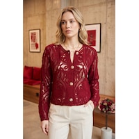 Sayzen Your Shine Dantel Desenli Gold Düğmeli Basic Ceket Bordo Sayzen Your Shine Dantel Desenli Gold Düğmeli Basic Ceket Bordo