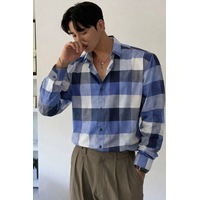 Erkek Ekose-kareli Gömlek Slim Fit Pamuk Karışımlı Klasik Tarz Uzun Kollu Gömlek Metalik