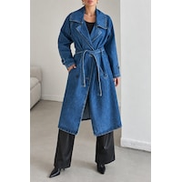 Polo State Kadın Kuşaklı Kruvaze Yaka Oversize Uzun Denim Trençkot Mavi Polo State Kadın Kuşaklı Kruvaze Yaka Oversize Uzun Denim Trençkot Mavi