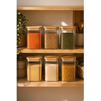 Porsima 5-3 Bambu Vakumlu Kapaklı Kare Borsilikat Cam 6lı Kavanoz Seti Saklama Kabı 750ml 7,5x15cm Ahşap - Şeffaf Porsima 5-3 Bambu Vakumlu Kapaklı Kare Borsilikat Cam 6lı Kavanoz Seti Saklama Kabı 750ml 7,5x15cm Ahşap - Şeffaf