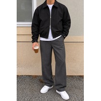 Tarz Cool Erkek Oversize Çift Yönlü Fermuarlı %100 Pamuk Ceket Rahat Kalıp, Lastikli Bel, Günlük Ve Casual Stil Siyah