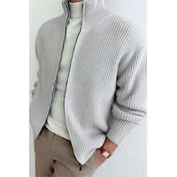 Tarz Cool Erkek Gri Dik Yaka Fermuarlı Slim Fit Triko Hırka Gri Tarz Cool Erkek Gri Dik Yaka Fermuarlı Slim Fit Triko Hırka Gri
