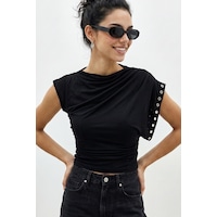 Shade Kadın Kayık Yaka Kuşgözü Zımbalı Yan Büzgülü Bele Oturan Drapeli Bluz 36003 60286276 - Siyah Shade Kadın Kayık Yaka Kuşgözü Zımbalı Yan Büzgülü Bele Oturan Drapeli Bluz 36003 60286276 - Siyah