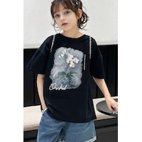 Uyguntarz Çocuk Orchid Baskılı Pamuklu Tshirt Siyah Uyguntarz Çocuk Orchid Baskılı Pamuklu Tshirt Siyah