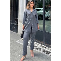 Antrasit Uzun Tunik Gömlek & Beli Lastikikli Rahat Pantolon - Yıkamalı Kot Kumaş Alt Üst Takım Antrasit Uzun Tunik Gömlek & Beli Lastikikli Rahat Pantolon - Yıkamalı Kot Kumaş Alt Üst Takım