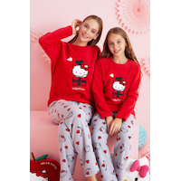 Siyah İnci Lisanslı Polar Çok Renkli Nakışlı Bisklet Yaka Pijama Takım Hk310 Kırmızı