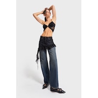 it's basic Kadın Kot Rengi 2w5-8 Straight Fit %100 Koton Dantel Detaylı Etek Özel Tasarım Denim Jean Mavi