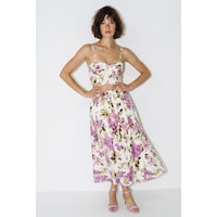 Kadın Çiçek Desenli Crop Bluz Ve Düğme Detaylı Midi Etek Takım 7697 60286365 - Ekru-mor Kadın Çiçek Desenli Crop Bluz Ve Düğme Detaylı Midi Etek Takım 7697 60286365 - Ekru-mor