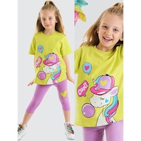 Cool Unicorn Kız Çocuk Yazlık T-shirt Lila Tayt Takım