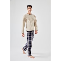 Erkek Pamuklu Uzun Kollu Ekose Desenli Cepli Pijama Takımı Ke77618 Krem Erkek Pamuklu Uzun Kollu Ekose Desenli Cepli Pijama Takımı Ke77618 Krem