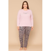 Pemilo Kadın 20751 Büyük Beden Uzun Kol % 100 Pamuk Milan Pijama Takımı Pudra Pudra