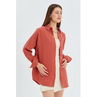 Mixray 3833 Kadın Oversize Cepli Müslin Gömlek Kiremit Mixray 3833 Kadın Oversize Cepli Müslin Gömlek Kiremit