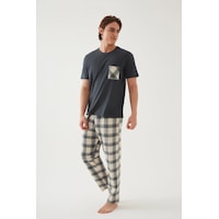 Erkek Pamuklu Üst Füme Göğüs Cepli Kısa Kollu Pijama Takımı Ke30304 Yeşil