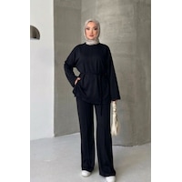 Thiff Tesettür Önü Bağlamalı Oversize Çimalı Modal Takım Siyah