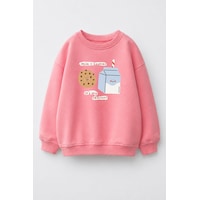 Monila Kız Çocuk 3 İplik Kumaş Pamuklu Kurabiye Baskılı Sweatshirt Pembe