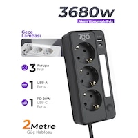 7go 7gsp1 3680w 3'lü Priz Siyah Akım Korumalı 20w Pd Hızlı Şarj Usb 1.9m Kablolu Akıllı Led Ge 2 m