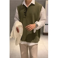 Erkek V Yaka Oversize Süveter Haki Erkek V Yaka Oversize Süveter Haki