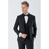 İmza Siyah Çizgili Çıkarılabilir Şal Yaka Yelekli 6 Drop Slim Fit Smokin Damatlık Takım 1001230212-Siyah İmza Siyah Çizgili Çıkarılabilir Şal Yaka Yelekli 6 Drop Slim Fit Smokin Damatlık Takım 1001230212-Siyah