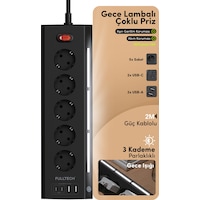 Fulltech FTR-26 Akım Korumalı Priz Siyah 9’lu (5 Priz + 2 USB-A + 2 USB-C) 3680W 16A, 2 Metre Kablolu, Gece Lambalı Çoklu Priz - Fulltech FTR-26 Akım Korumalı Priz Siyah 9’lu (5 Priz + 2 USB-A + 2 USB-C) 3680W 16A, 2 Metre Kablolu, Gece Lambalı Çoklu Priz -