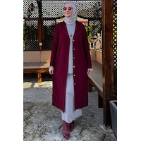 Rabia Şamlı Dama Desenli Triko Hırka Bordo Normal Rabia Şamlı Dama Desenli Triko Hırka Bordo Normal
