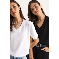 Shade Pamuk Derin V Yakalı Comfort Fit T-shirt 60602066 - Beyaz-siyah Beyaz - Siyah L Shade Pamuk Derin V Yakalı Comfort Fit T-shirt 60602066 - Beyaz-siyah Beyaz - Siyah L
